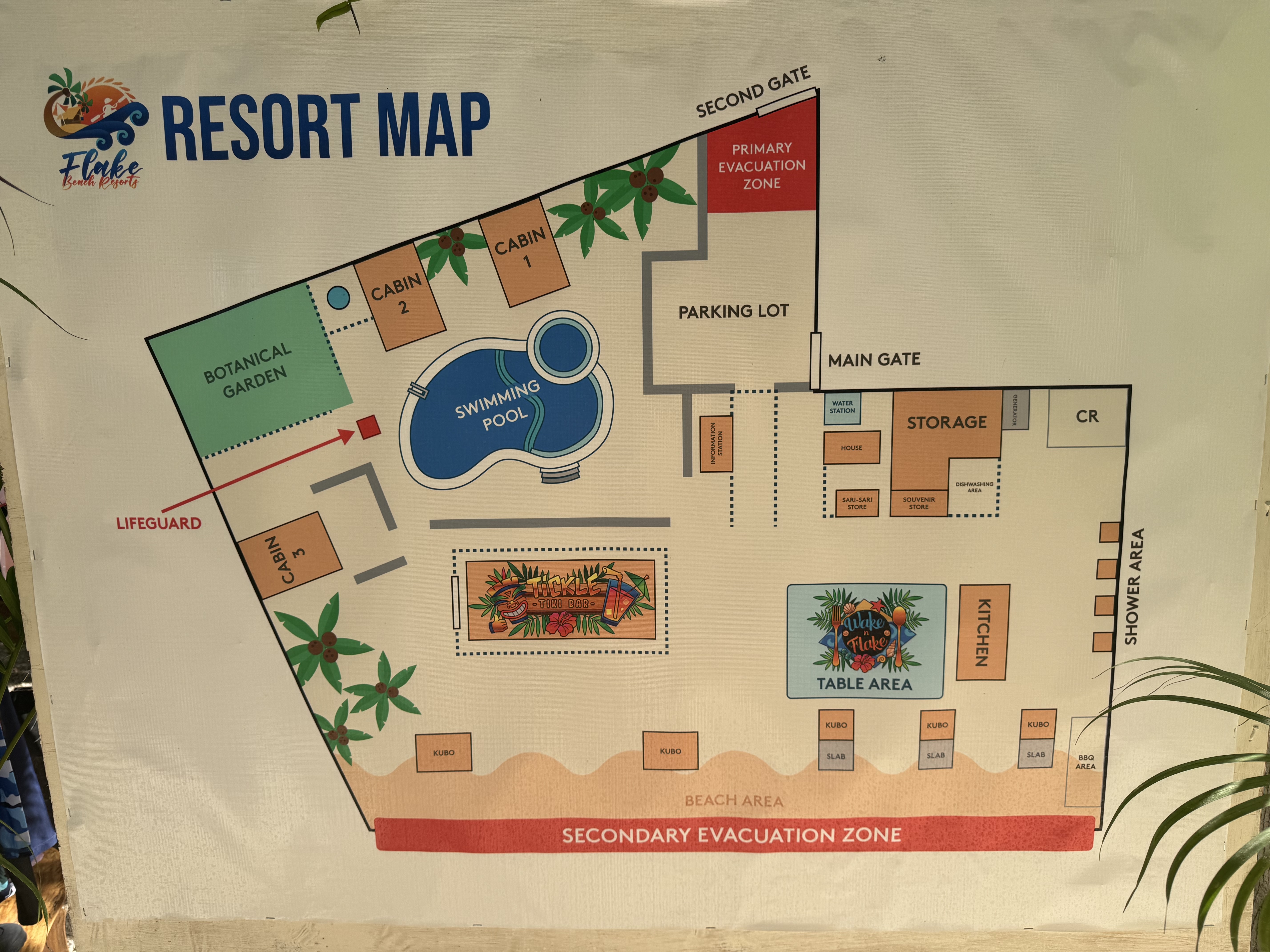 Resort map of Flake Beach Resort showing cabins, swimming pool, and main resort areas.
